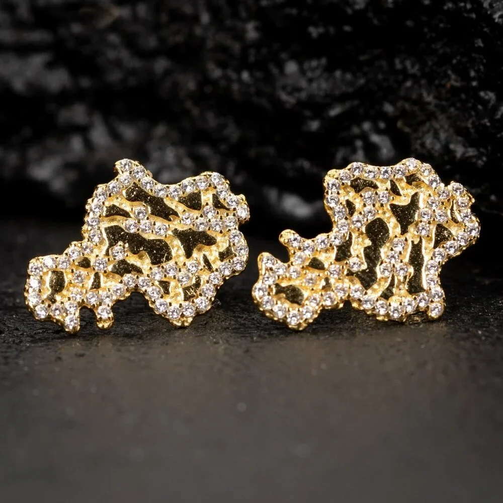 Hip Hop Yellow Gold Plated Sterling Silver Screw Back Post Nugget Earrings